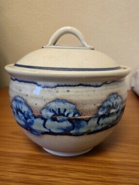 Studio Art Pottery Lidded Jar With Blue & Brown Accents Glazed Signed Beautiful